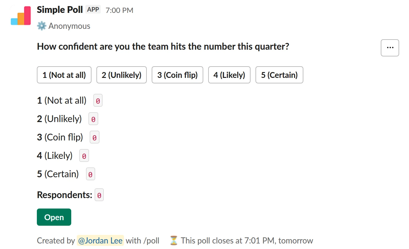 /poll "How confident are you the team hits the number this quarter?" "Not at all" "Unlikely" "Coin flip" "Likely" "Certain" scale anonymous close after 1 day