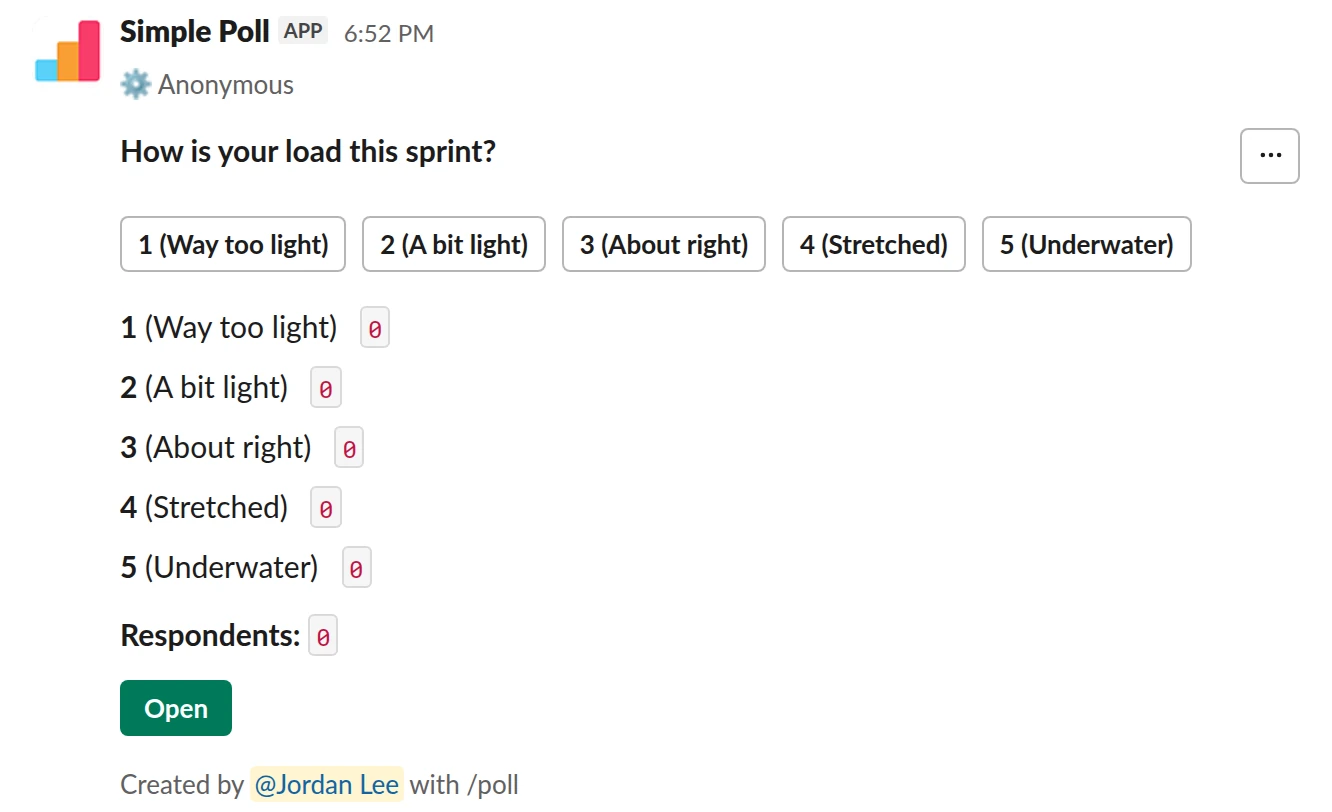 /poll "How is your load this sprint?" "Way too light" "A bit light" "About right" "Stretched" "Underwater" scale anonymous