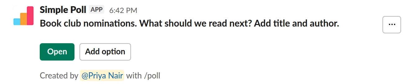 /poll "Book club nominations. What should we read next? Add title and author."