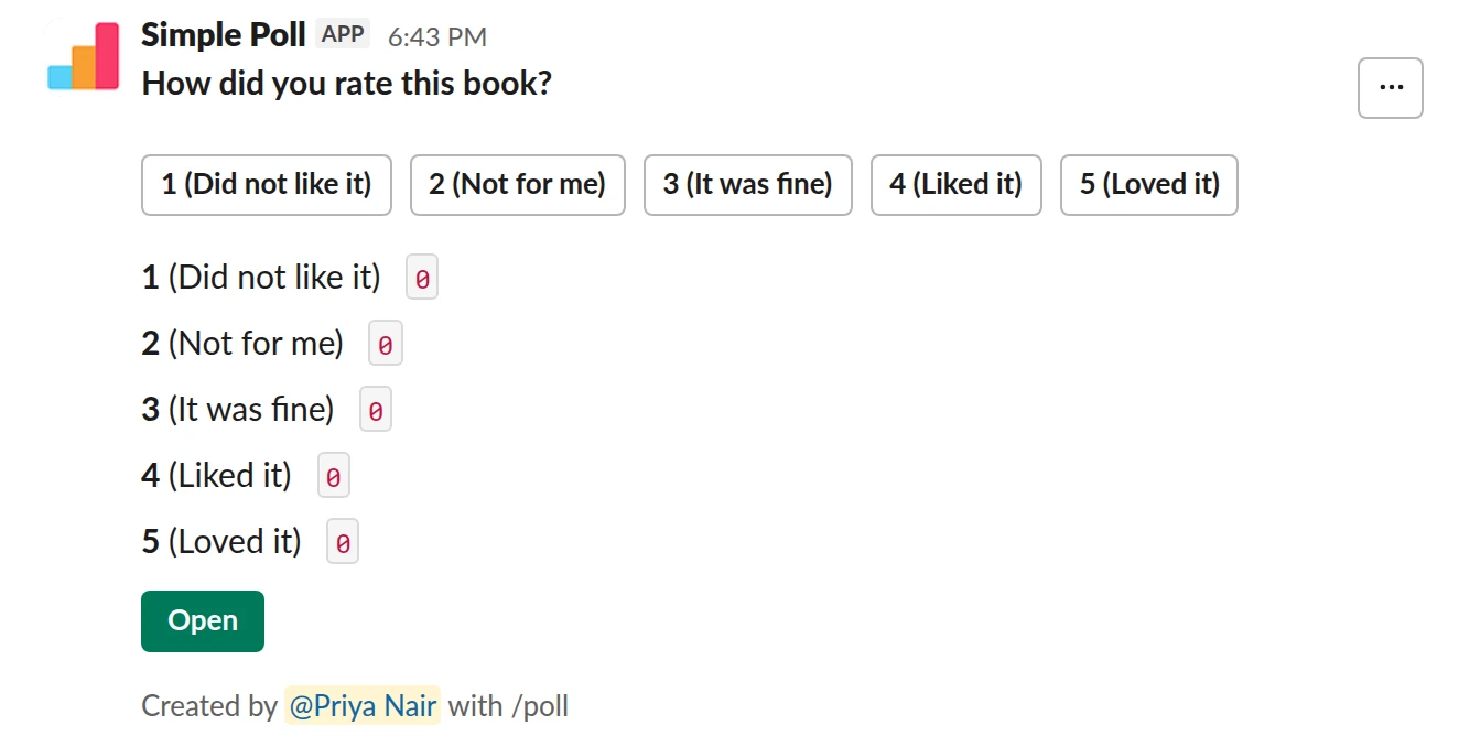/poll "How did you rate this book?" "Did not like it" "Not for me" "It was fine" "Liked it" "Loved it" scale