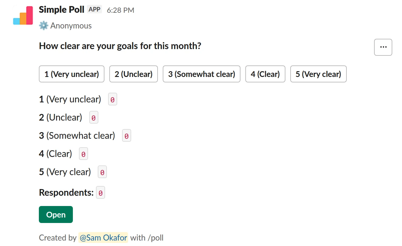 /poll "How clear are your goals for this month?" "Very unclear" "Unclear" "Somewhat clear" "Clear" "Very clear" scale anonymous